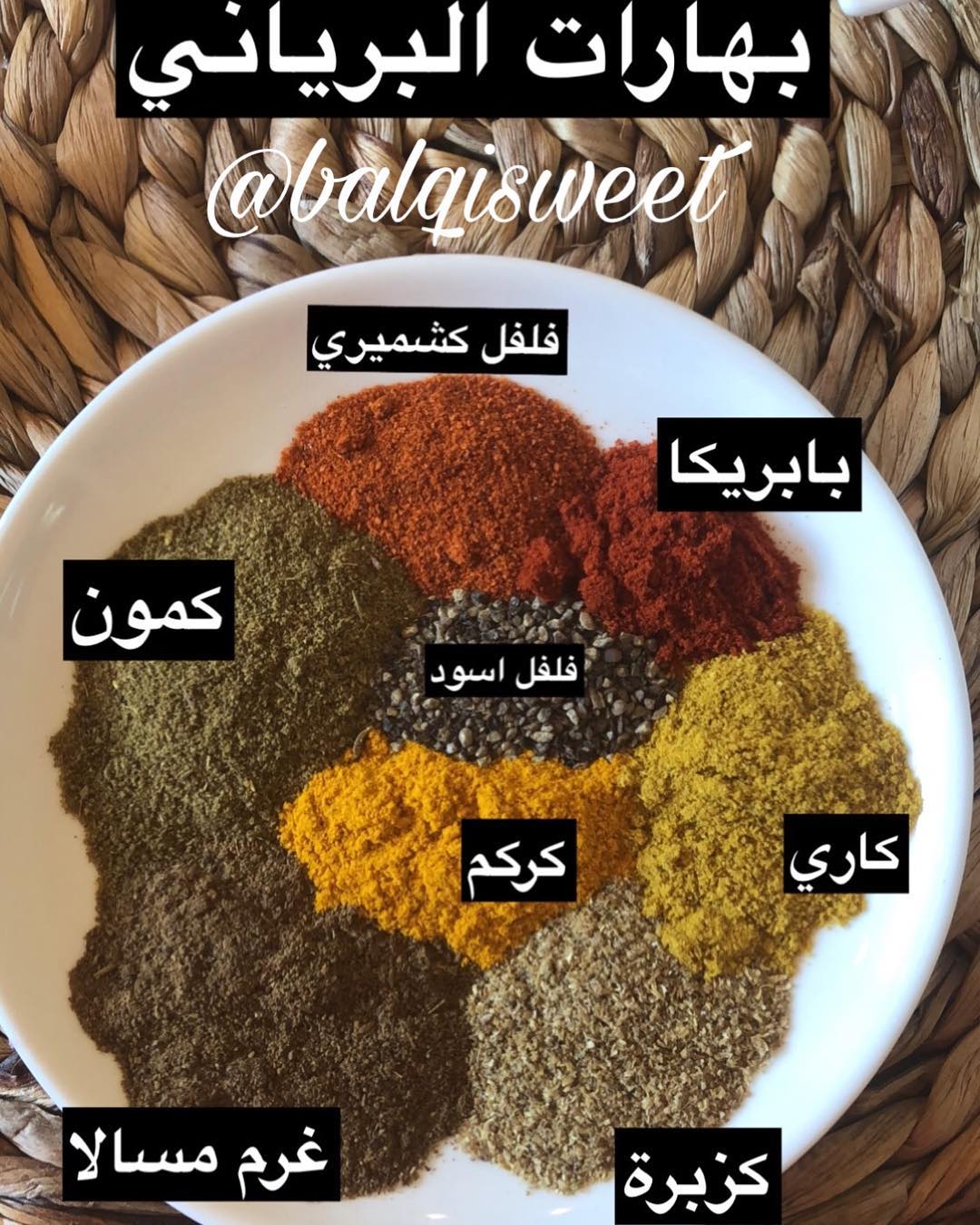 بهارات البرياني:
ملعقتين صغيره غرم مسالا
ملعقتين صغيره كمون
ملعقة صغيرة كزبره ن