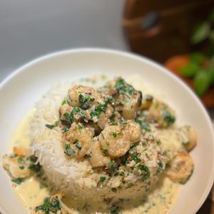 ربيان بالكريمة مع الرز الابيض